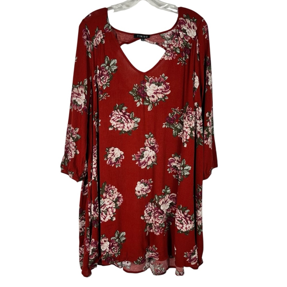 Timing Burnt Orange Floral Print Long Sleeve Open Back Swing Dress Tunic Top L